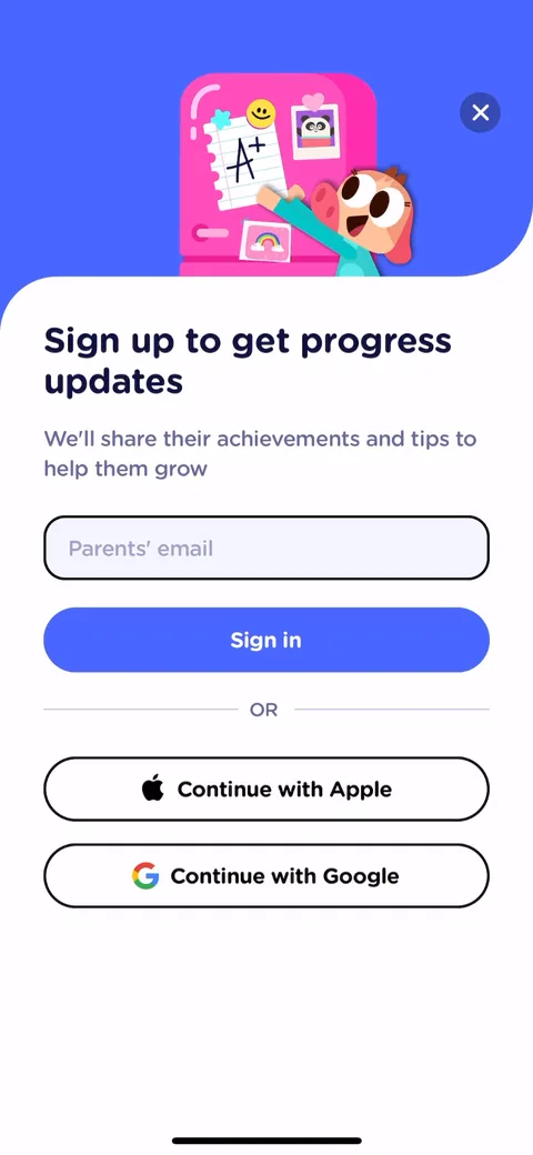 Lingokids onboarding screen 31: Account creation lands here, after the kid has played and the quiz is done, framed as 'sign up to get…