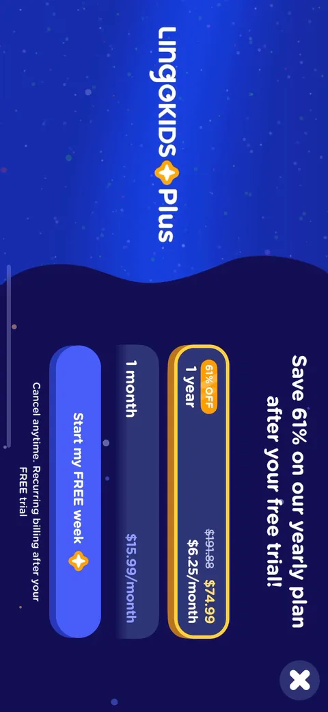 Lingokids onboarding screen 35: From here the 'Save 61%' paywall rides on top of the actual content: addition games, a space quest, screen…