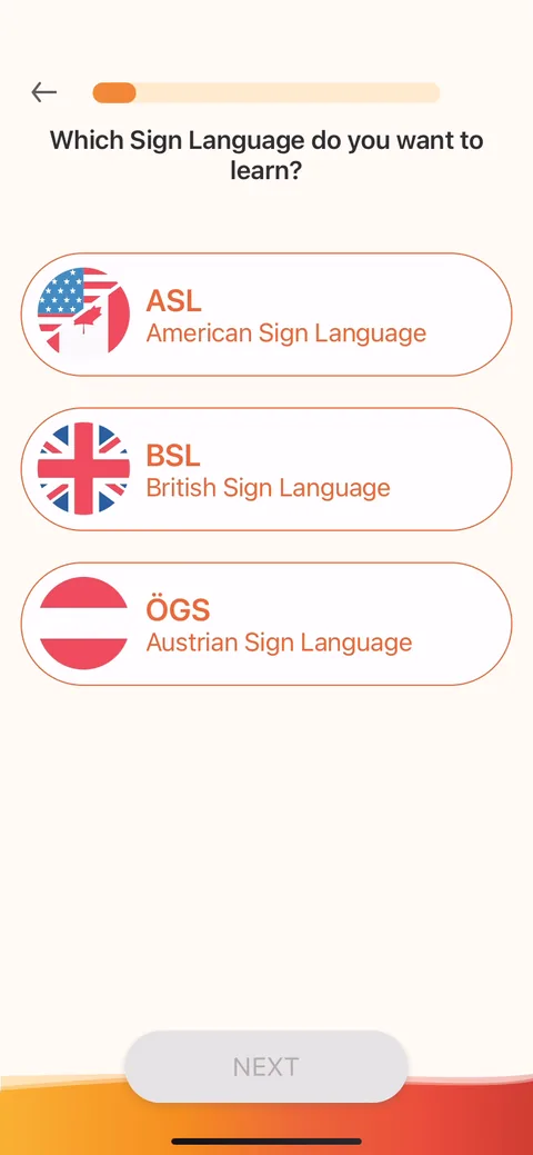 Lingvano onboarding screen 4: Which sign language: ASL, BSL, or Austrian