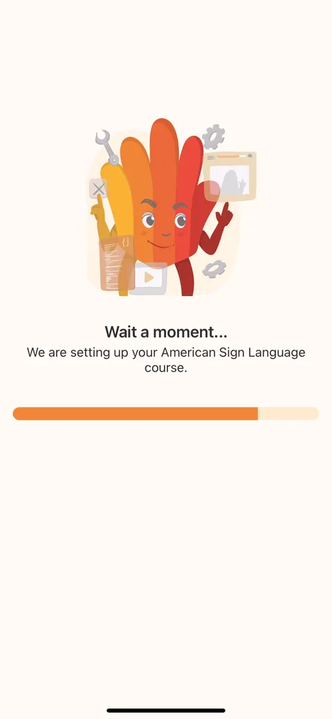 Lingvano onboarding screen 7: Loading screen for 'setting up your American Sign Language course.' You tapped one option, but they show…