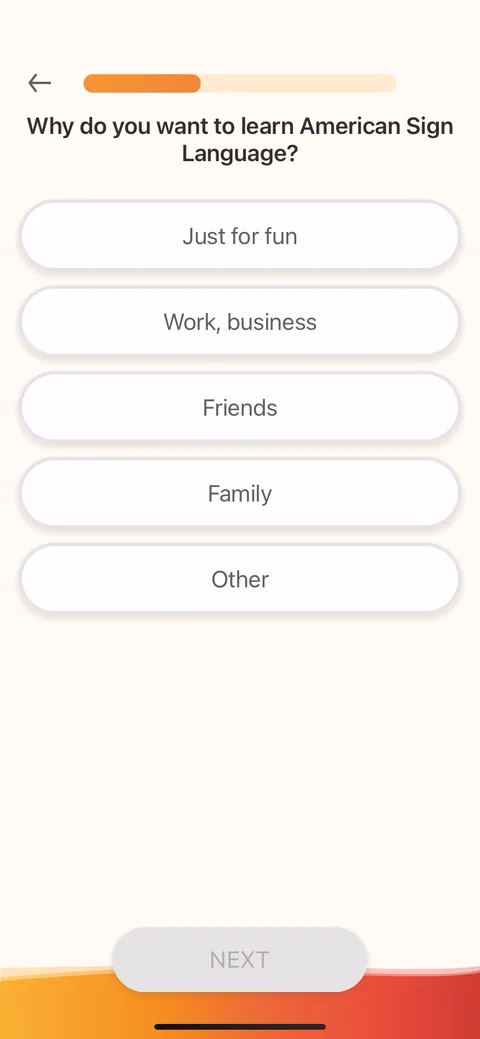 Lingvano onboarding screen 8: 'Why do you want to learn ASL' as single-select