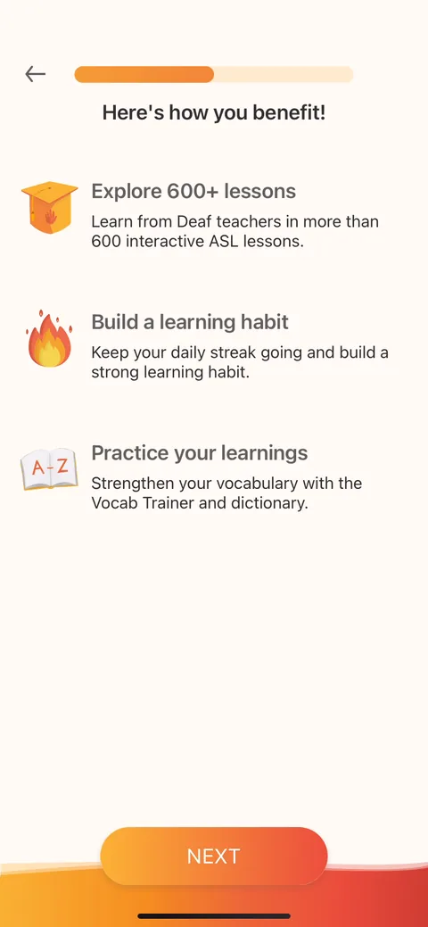 Lingvano onboarding screen 10: Benefits screen before signup: 600+ lessons, Deaf teachers, daily streak
