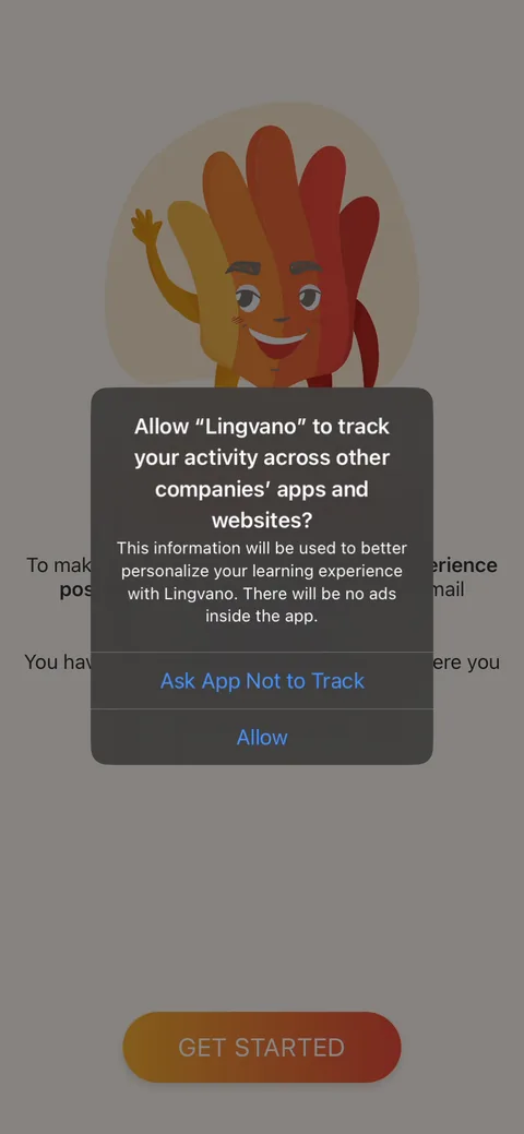 Lingvano onboarding screen 19: ATT prompt reframed as 'there will be no ads inside the app.' Turning the tracking ask into a benefit about…