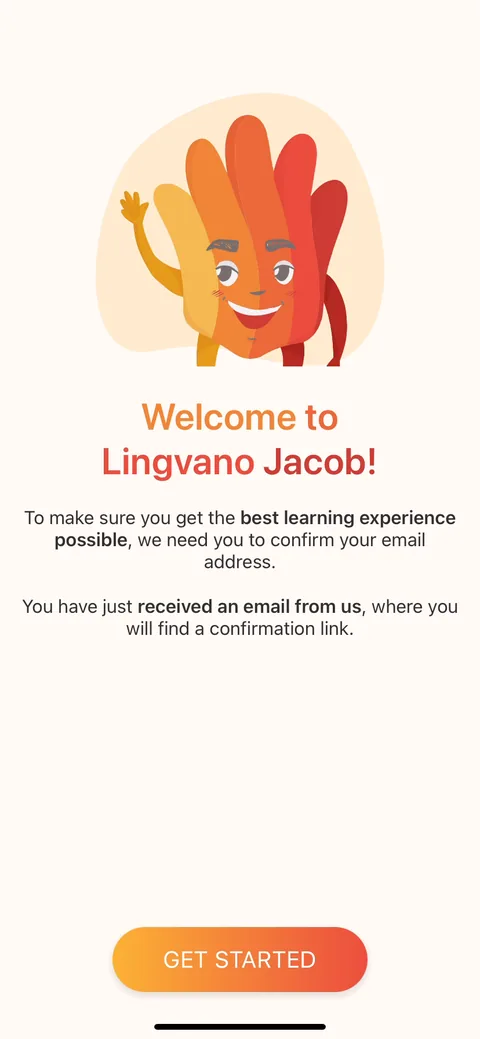 Lingvano onboarding screen 20: Email confirmation required mid-flow, before you've done a single lesson
