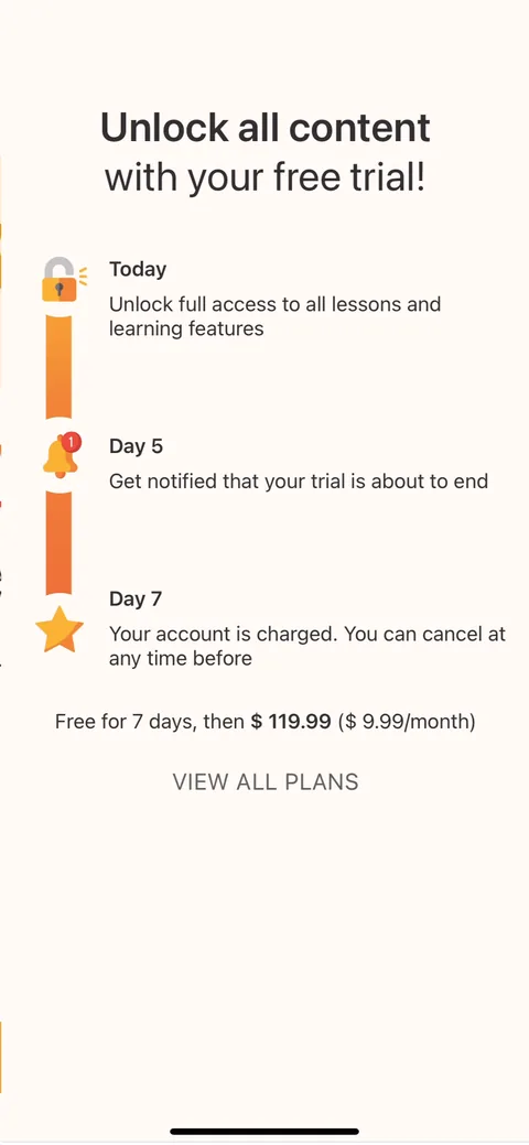 Lingvano onboarding screen 21: The paywall fires here, after signup but before the free lesson