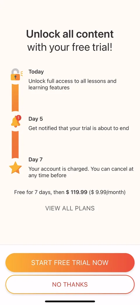 Lingvano onboarding screen 22: 'No thanks' sits under 'Start free trial now,' and declining drops you into the free lesson anyway