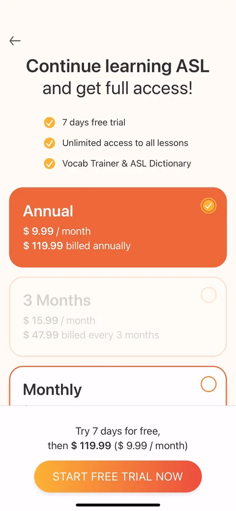 Lingvano onboarding screen 23: Annual is pre-selected with monthly as the toggle