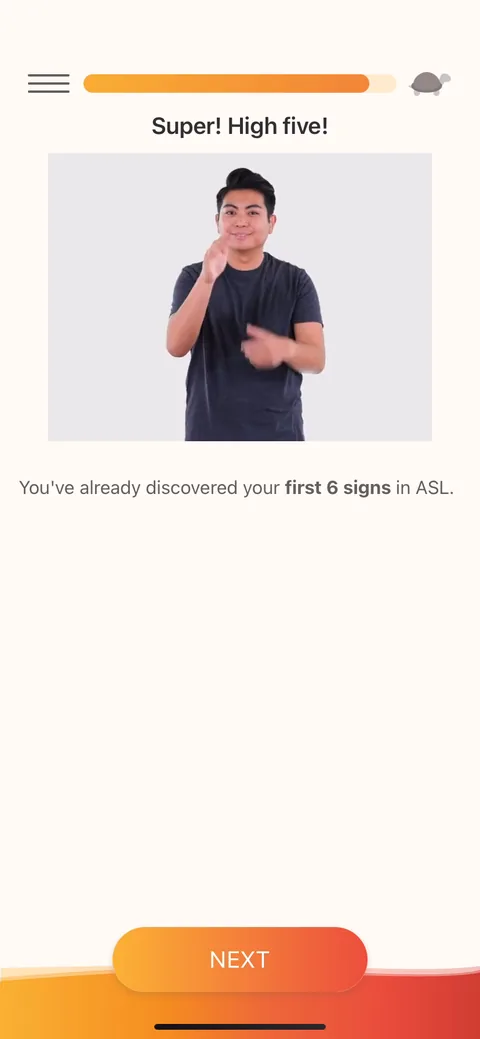 Lingvano onboarding screen 61: 'You've already discovered your first 6 signs in ASL.' Counting concrete wins mid-lesson builds the felt…