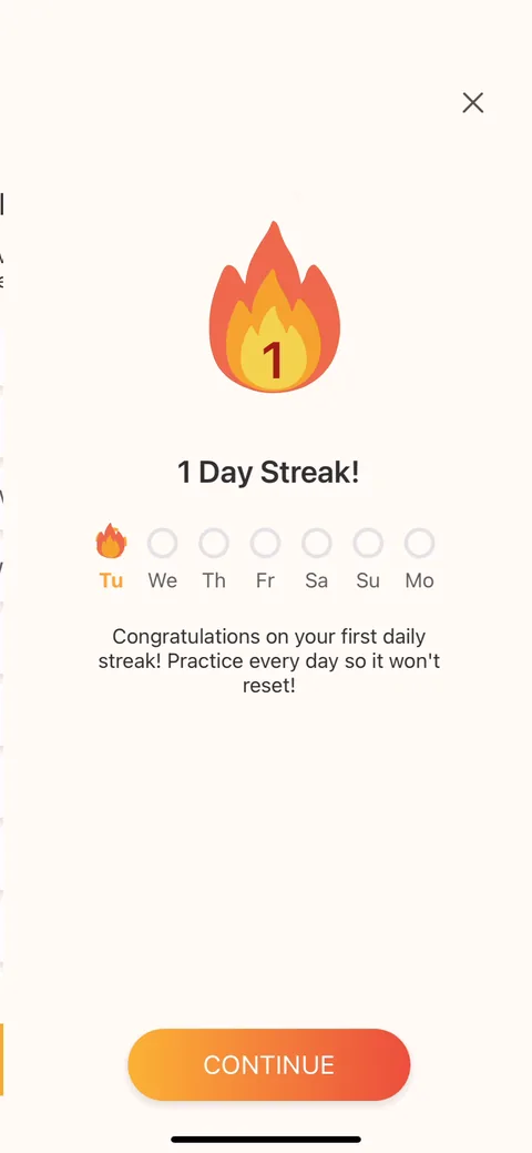 Lingvano onboarding screen 69: First daily streak celebrated at day one