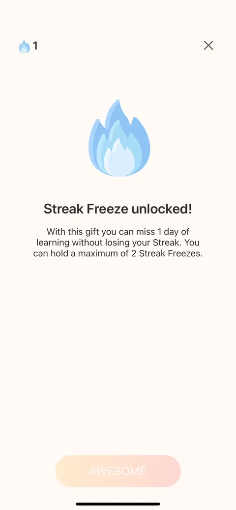 Lingvano onboarding screen 71: Streak freeze gifted unprompted: 'miss 1 day without losing your streak.' Handing you a freeze you didn't…