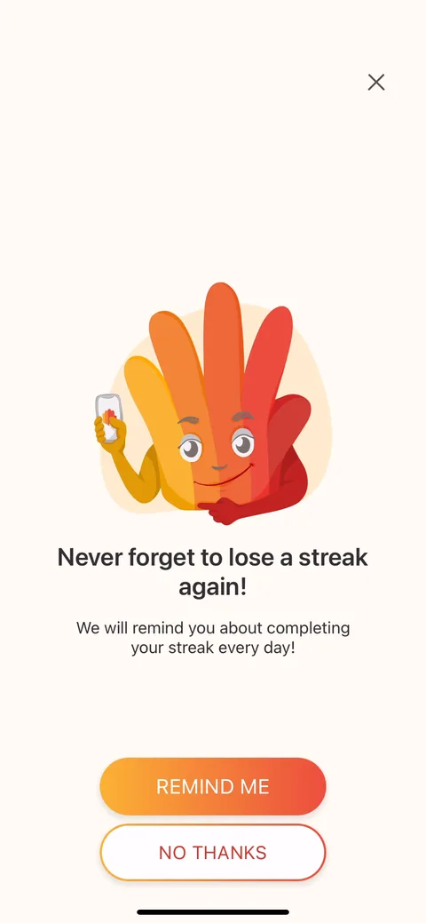 Lingvano onboarding screen 73: Notification permission framed as 'we'll remind you about completing your streak.' Tying the ask to the…