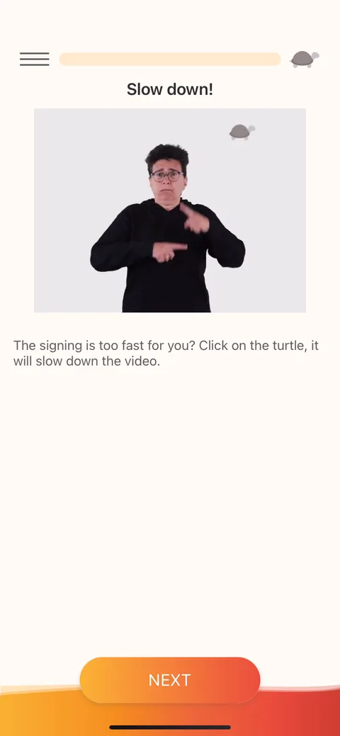 Lingvano onboarding screen 74: Turtle tip: tap it to slow the signing video down