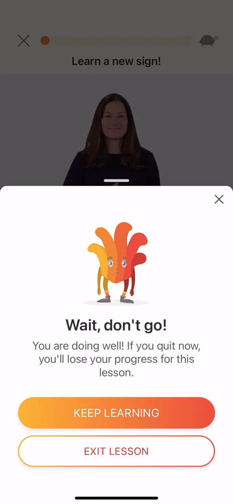 Lingvano onboarding screen 79: 'Wait, don't go, you'll lose your progress for this lesson.' A loss-aversion intercept when you try to quit…