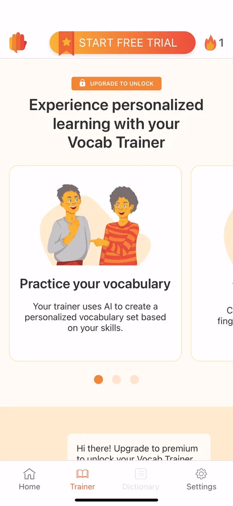 Lingvano onboarding screen 89: Vocab Trainer gated behind 'Upgrade to unlock.' Showing the AI vocab feature with a locked badge after the…