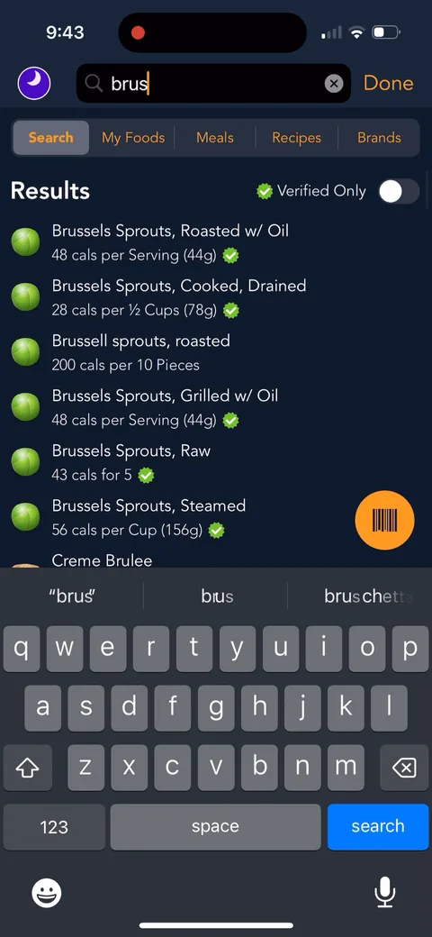 Lose It onboarding screen 113: Food search with verified results and a barcode button