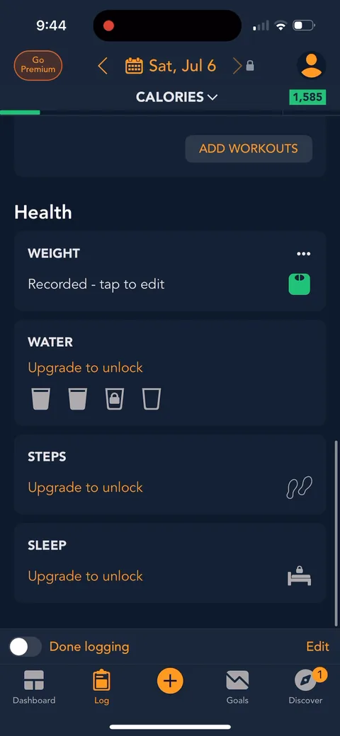 Lose It onboarding screen 129: Water, Steps, and Sleep all say 