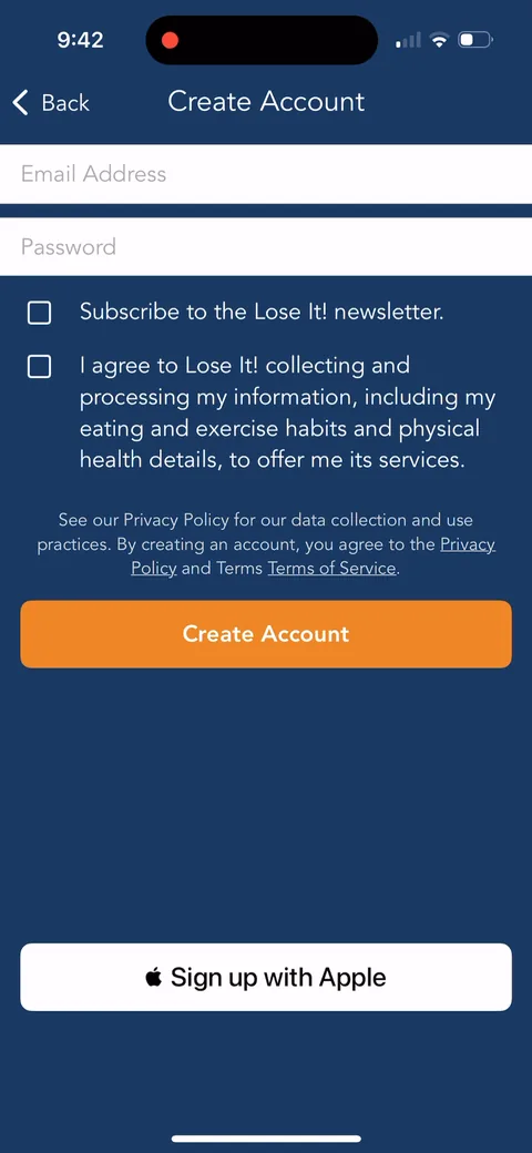 Lose It onboarding screen 96: Create Account with email, password, and Sign up with Apple, plus a newsletter opt-in