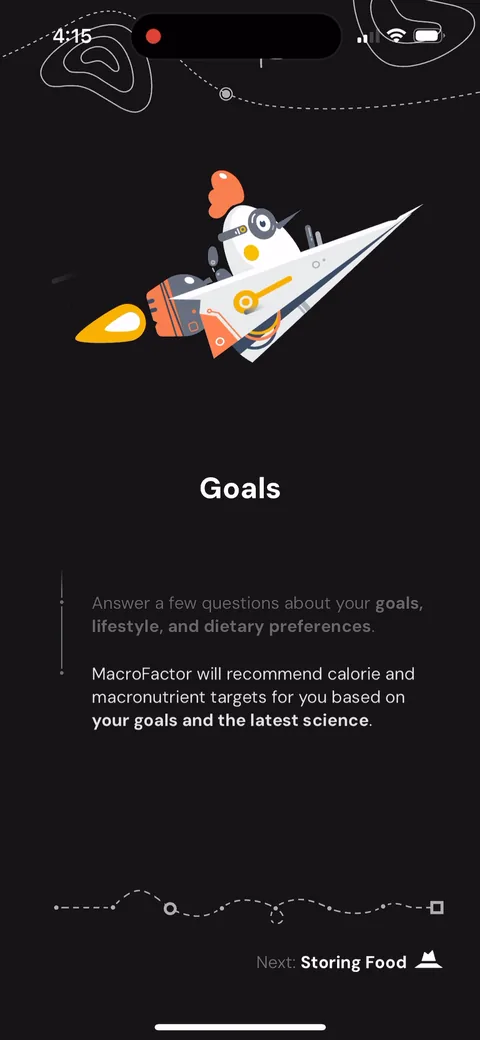 Macrofactor onboarding screen 10: The carousel is a story with a dotted path and a 