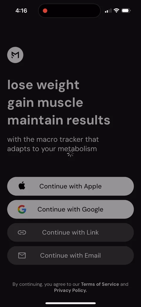 Macrofactor onboarding screen 31: Account creation right after the carousel, with zero questions asked and zero value shown