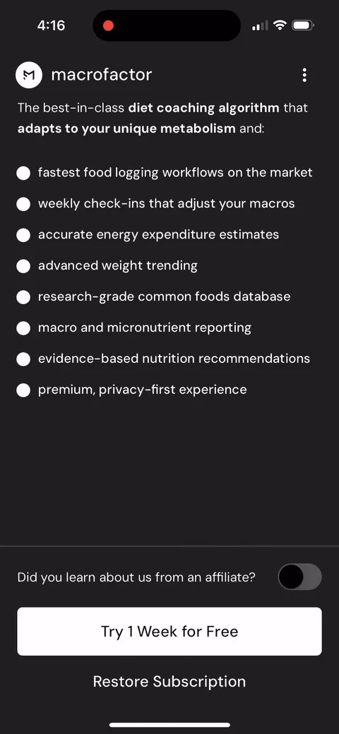 Macrofactor onboarding screen 34: A plain feature list paywall: 