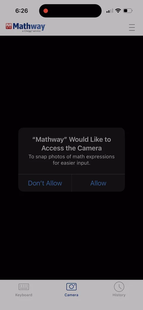 Mathway onboarding screen 3: Camera permission fires before the welcome screen, cold, with nothing priming it