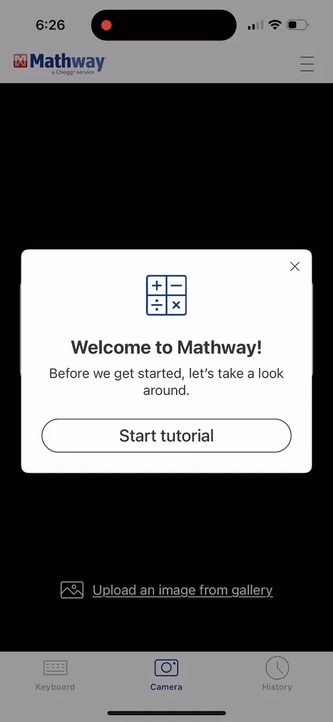 Mathway onboarding screen 4: 'Before we get started, let's take a look around' with a Start tutorial button
