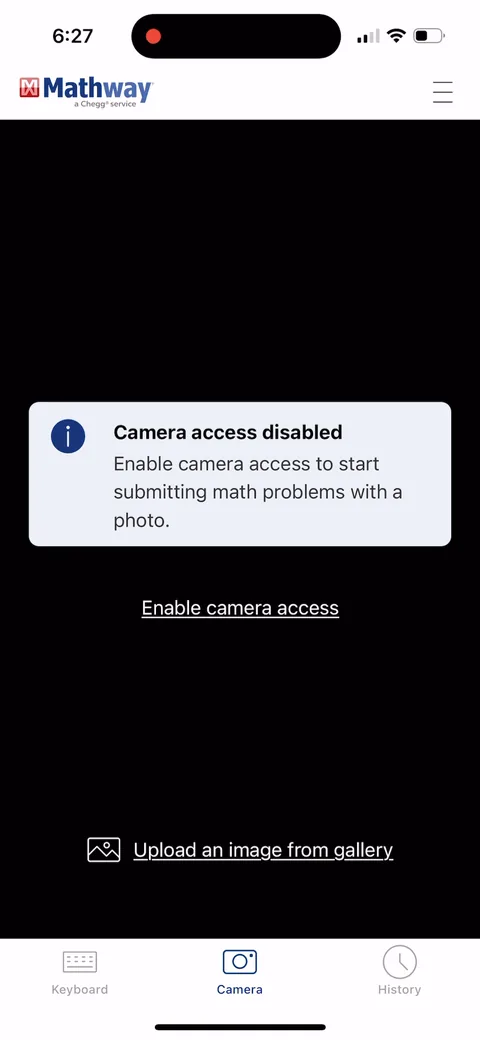 Mathway onboarding screen 17: Camera denied, and the app degrades to 'Enable camera access' plus 'Upload an image from gallery'