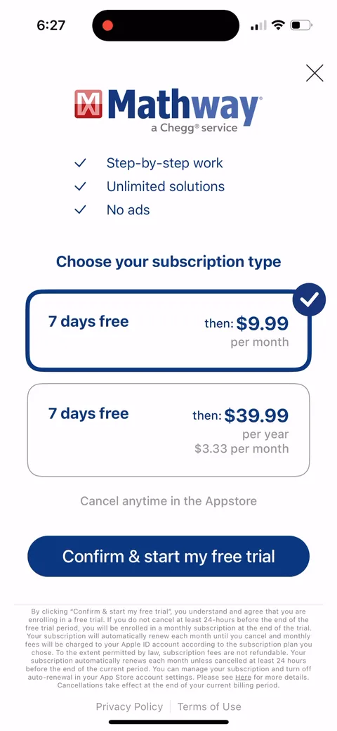 Mathway paywall with pricing, onboarding screen 20