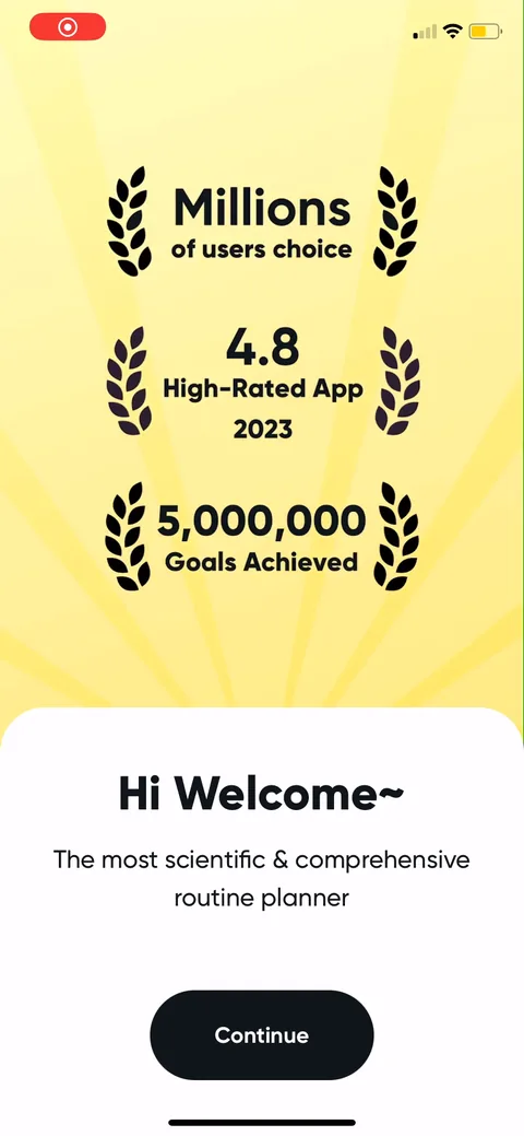 Me onboarding screen 1: Opens with laurels and big numbers: millions of users, 4.8 rating, 5,000,000 goals achieved, and 