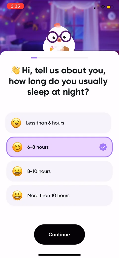 Me onboarding screen 6: First quiz question is sleep, low-stakes and easy to answer