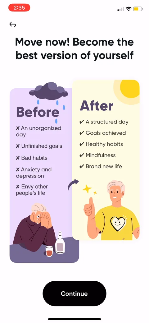 Me onboarding screen 10: Before/after split: unorganized day, unfinished goals, anxiety on the left versus structured day, goals…
