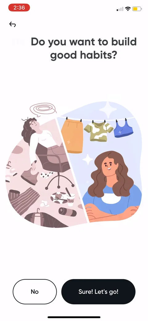 Me onboarding screen 28: A run of yes/no questions: do you want to organize your day, build good habits, be the best version of…