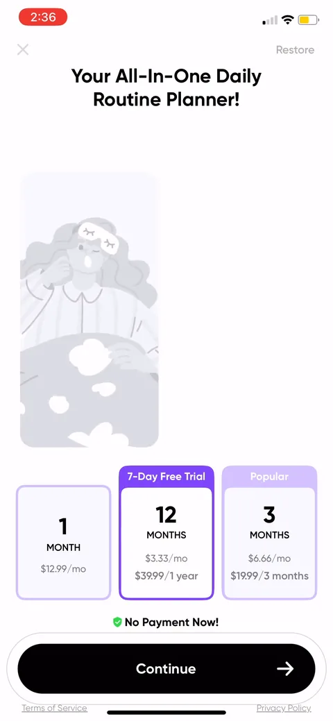 Me onboarding screen 34: Three tiers with 12 months defaulted and the only 7-day trial badge, $3.33/mo against a $12.99 monthly anchor