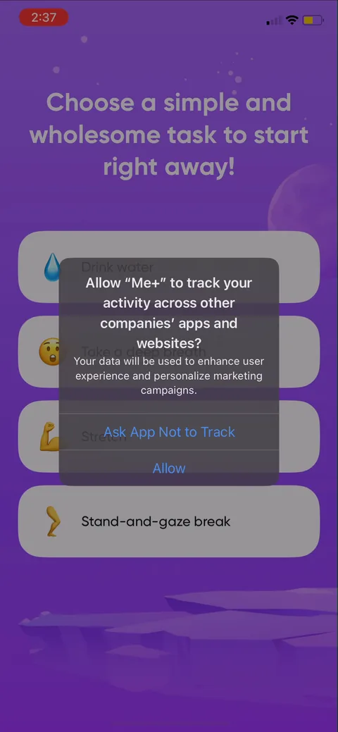 Me onboarding screen 46: The ATT tracking prompt fires mid-task, right as you're 