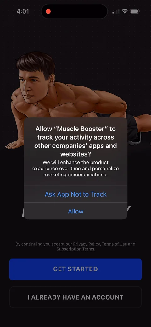 Muscle Booster onboarding screen 1: App Tracking Transparency is the very first thing you see, before any value