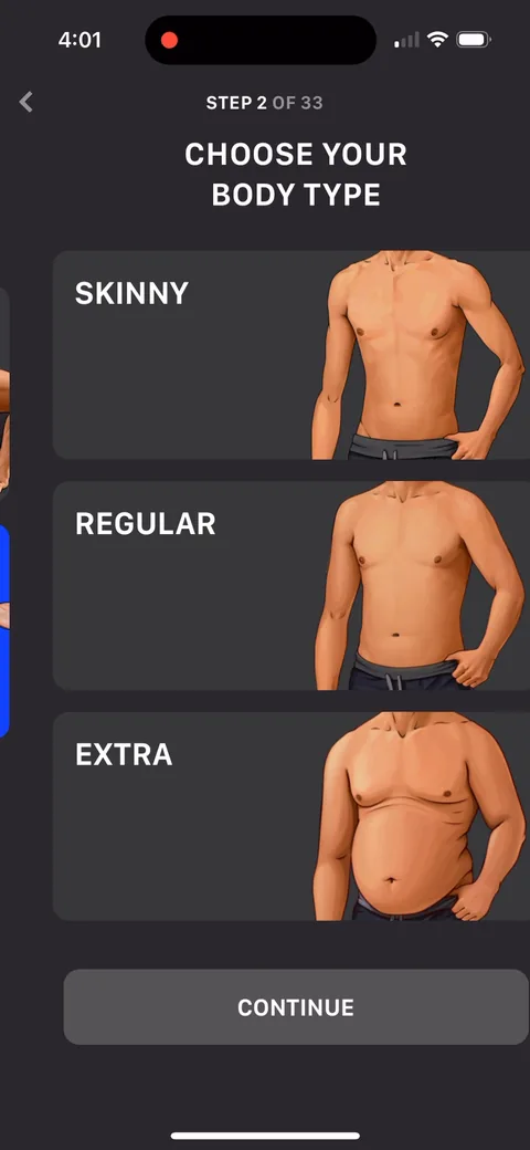 Muscle Booster onboarding screen 7: Body type with illustrated torsos (Skinny, Regular, Extra) is the Noom/BetterMe playbook for male fitness