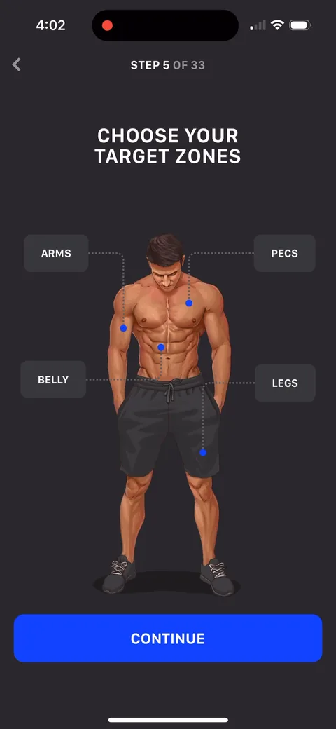 Muscle Booster onboarding screen 12: Target zones on a body map (Arms, Pecs, Belly, Legs)