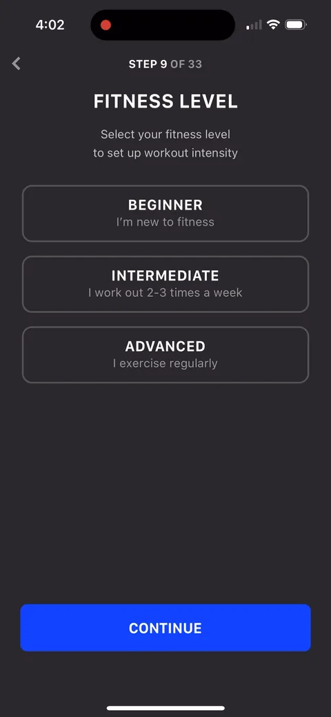 Muscle Booster onboarding screen 23: Fitness level with a short line under each option (