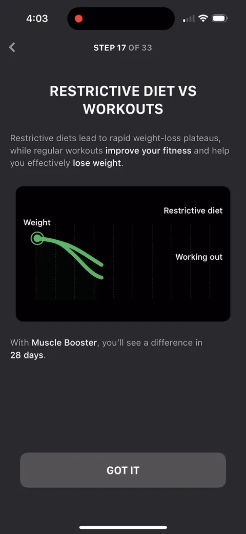 Muscle Booster onboarding screen 35: A mid-quiz education break at step 17: 