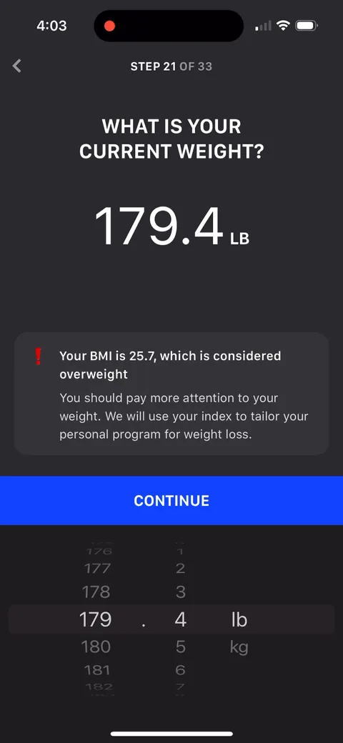 Muscle Booster onboarding screen 50: Enter your weight and you get an instant BMI verdict: 