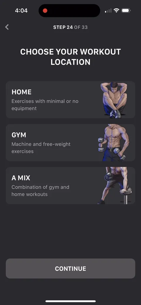 Muscle Booster onboarding screen 55: Workout location (Home, Gym, A mix)