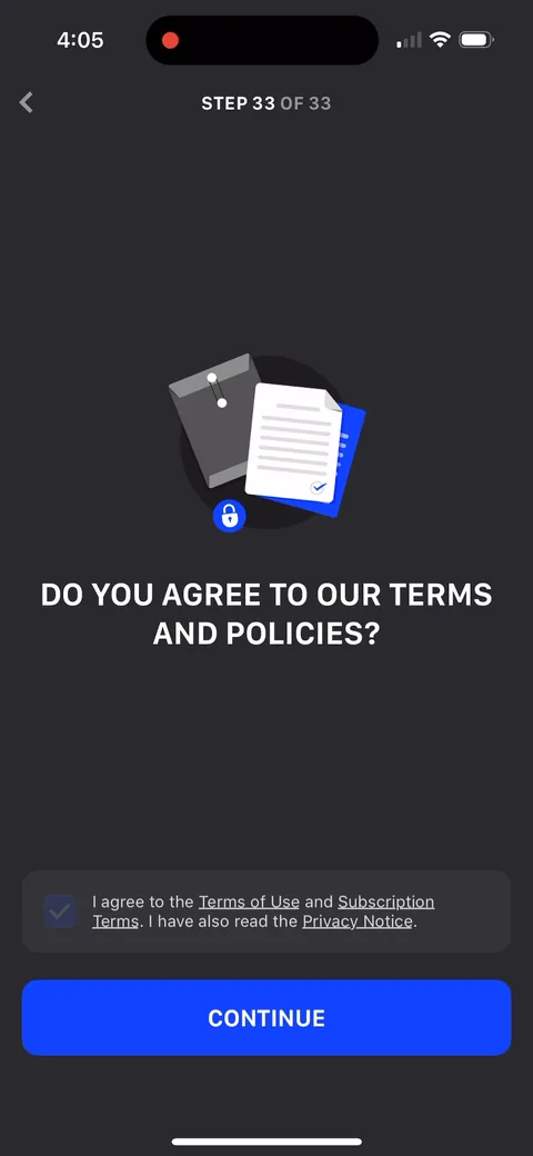 Muscle Booster onboarding screen 78: Terms and privacy agreement as step 33 with a checkbox