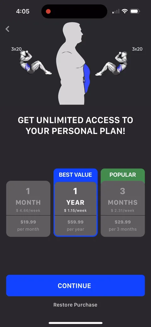 Muscle Booster paywall with pricing, onboarding screen 87