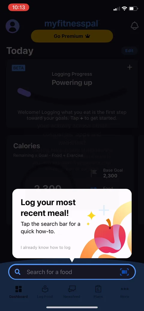 Myfitnesspal onboarding screen 39: First task is one concrete action: 'Log your most recent meal, tap the search bar.' They define a single…