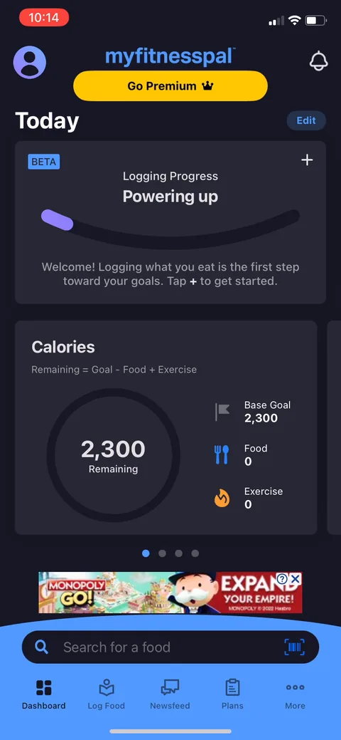 Myfitnesspal onboarding screen 42: Post-paywall they drop you on the dashboard with 'Logging Progress: Powering up' and a nudge to tap + and log…