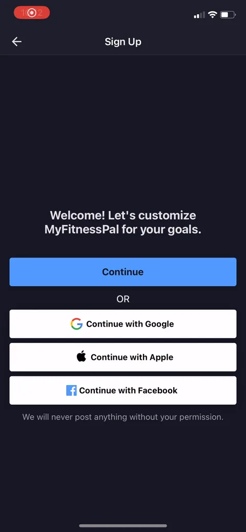 Myfitnesspal onboarding screen 2: Welcome screen leads with Google/Apple/Facebook one-tap signup under 'Let's customize MyFitnessPal for your…