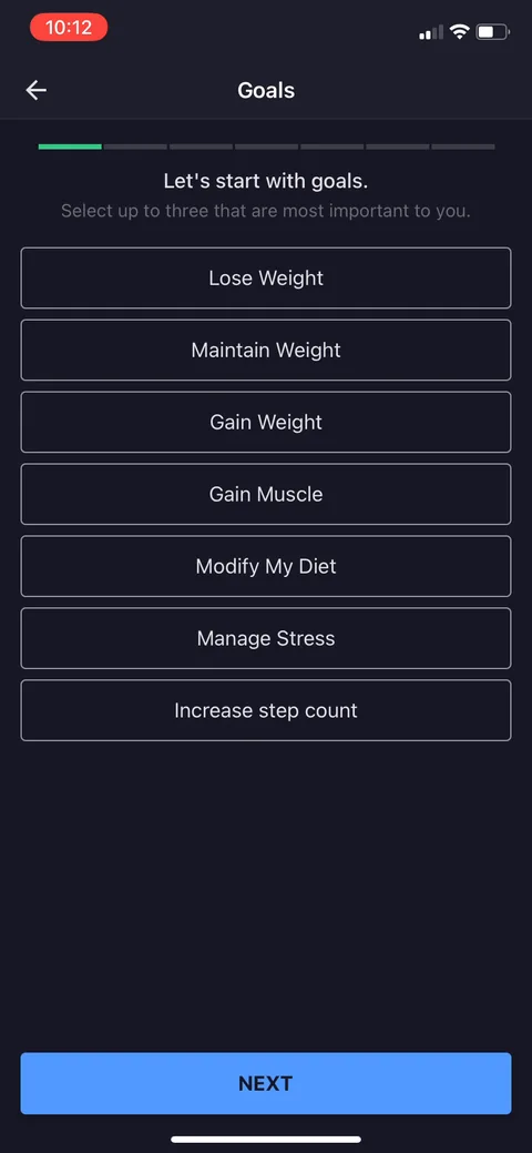 Myfitnesspal onboarding screen 4: Goals as a multi-select, up to three