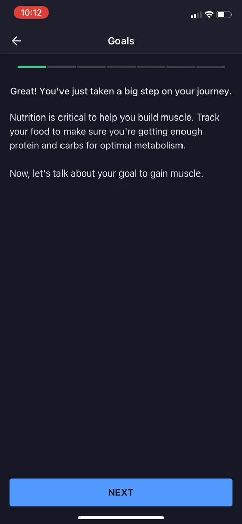 Myfitnesspal onboarding screen 5: The copy is tailored to the goal you just picked: 'your goal to gain muscle,' protein and carbs
