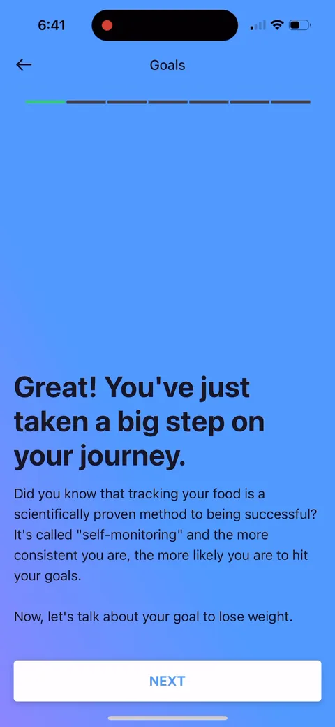 Myfitnesspal onboarding screen 12: 'Great