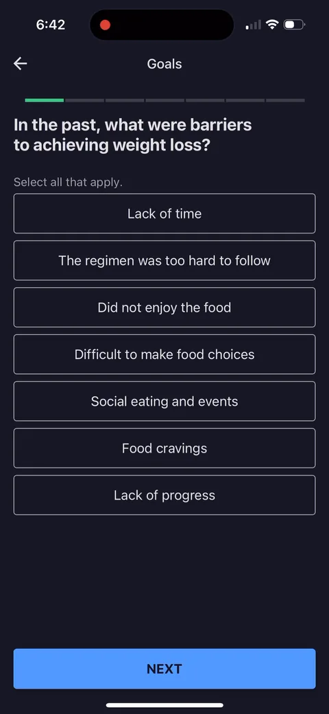 Myfitnesspal onboarding screen 13: 'In the past, what were barriers to achieving weight loss?' as select-all-that-apply